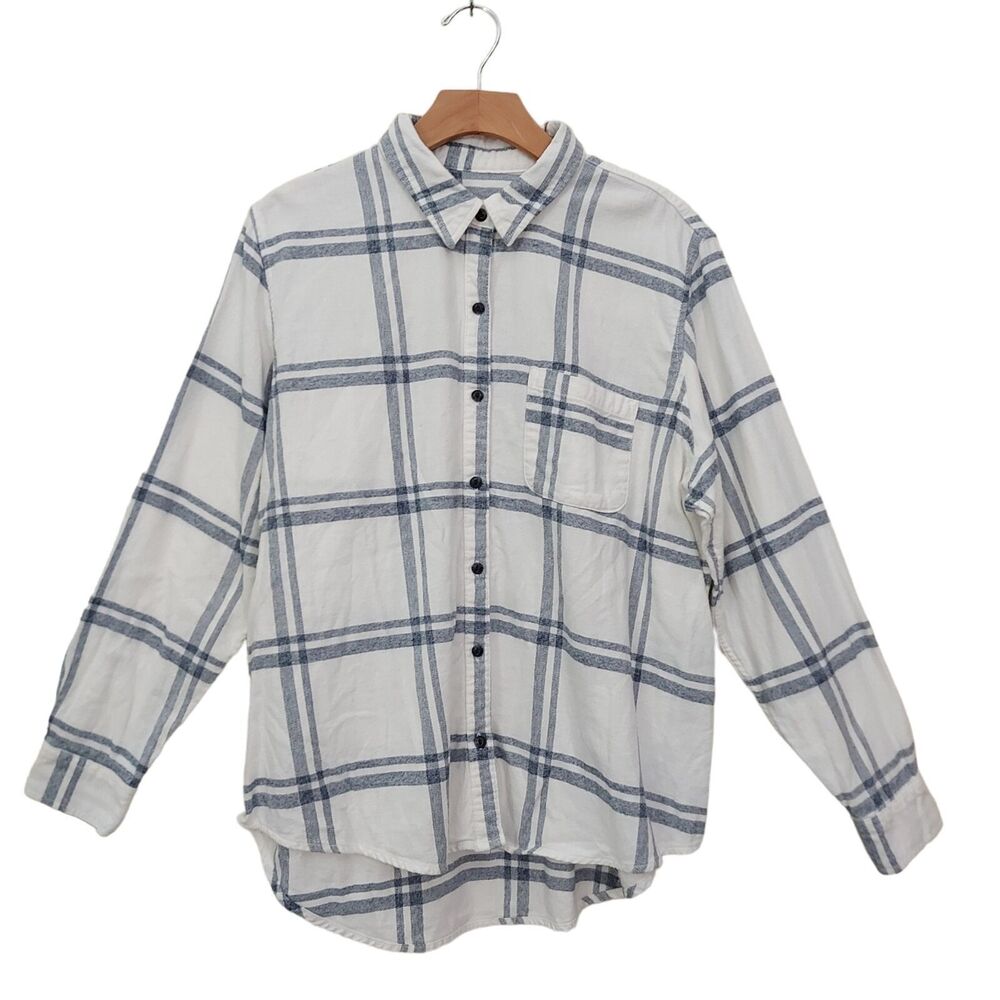Universal Thread Womens Large White Flannel Shirt Cotton Long Sleeve Checked